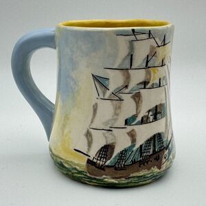 G.B. Studio Pottery Mug Ceramic nautical Ship Yellow Coastal Blue